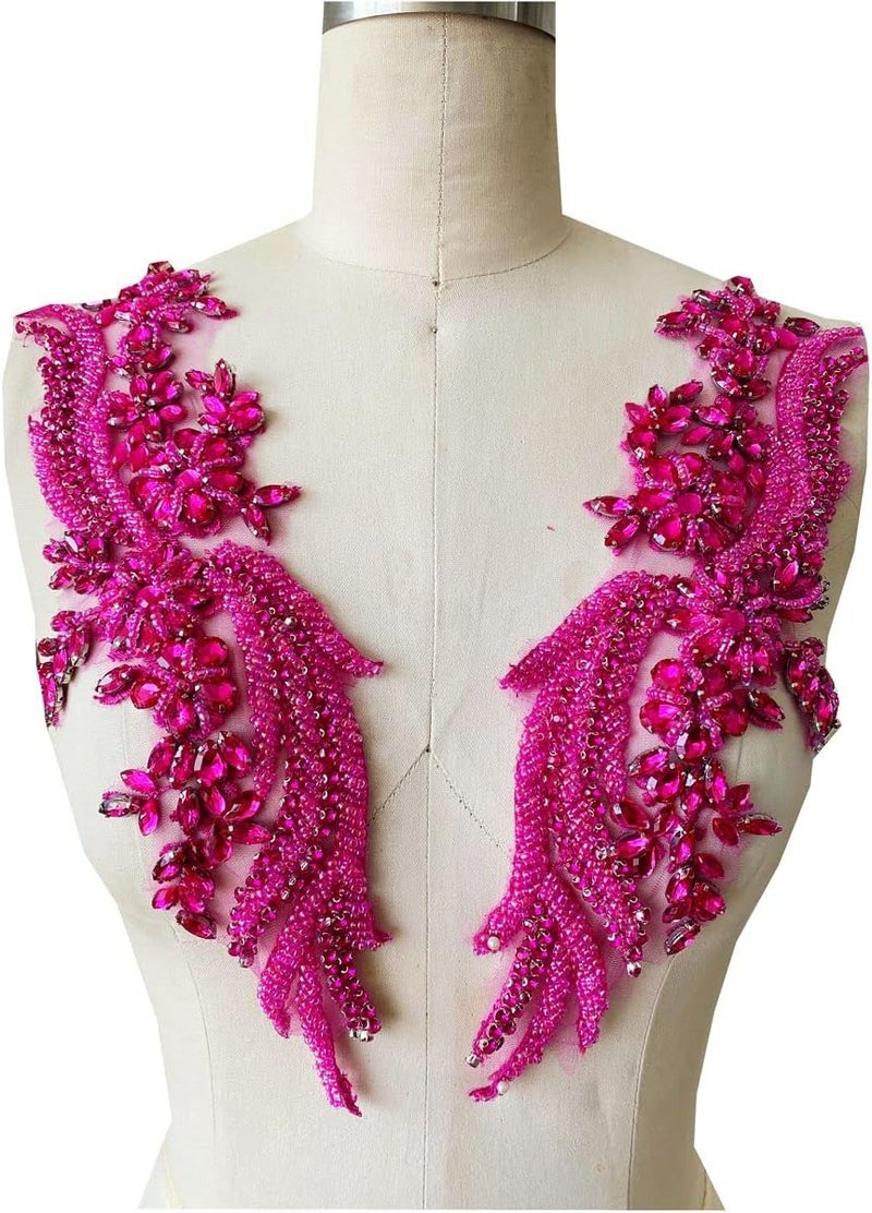 wtbvn Handsewing rhinestones beads lace applique Wing shape decoration accessories trim patches one pair (rose red) - Image 1
